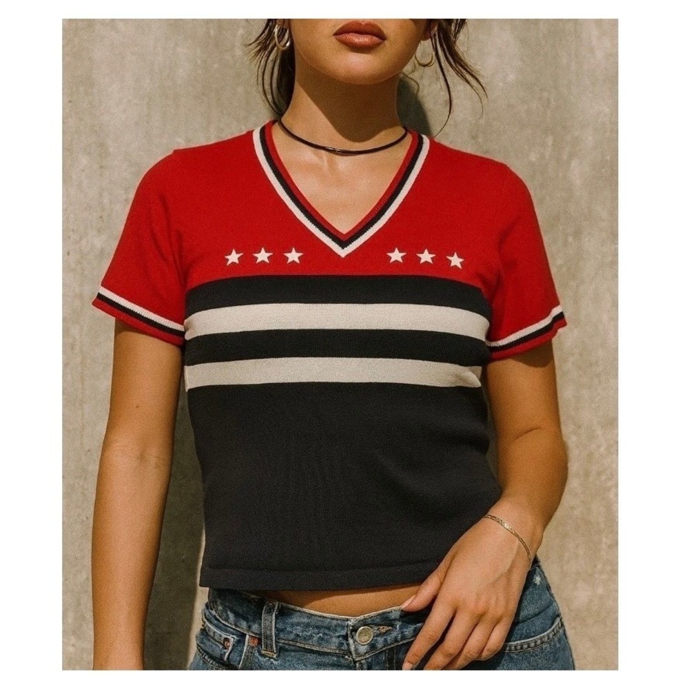 Vintage V-Neck Sweater Top Small Red Blue Short Sleeve Stars Stripes 90s Y2K - Picture 9 of 9